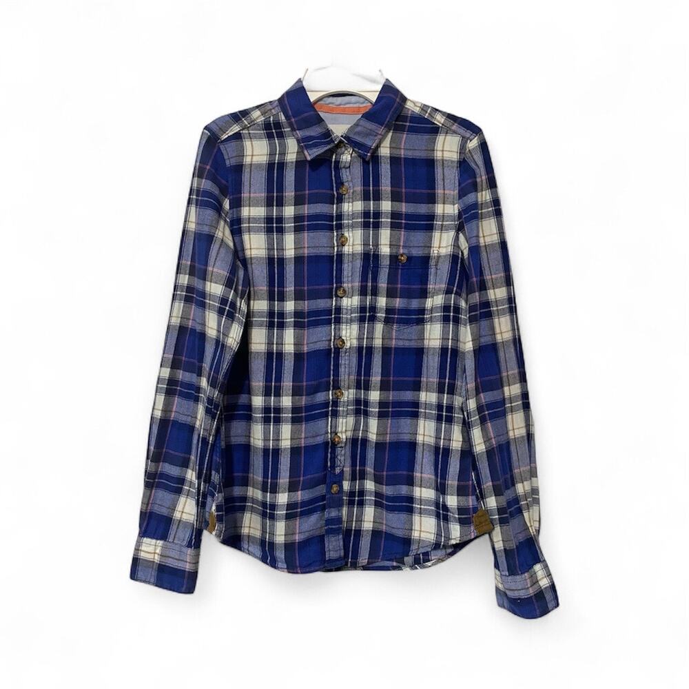 H & M Girls Blue Plaid Brown Long Sleeve Shirt Brown Suede Elbow Patch Size 4